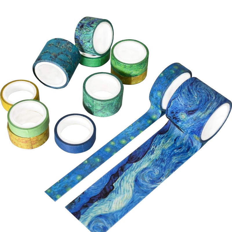 DAPUTOU Washi Tape Set of 12 Rolls Van Gogh Starry Night Decorative Green Leaves Floral Blue Yellow Washi Masking Tape Sets for Craft Kids Scrapbook DIY Gift Wrapping(Yellow) - Image 3